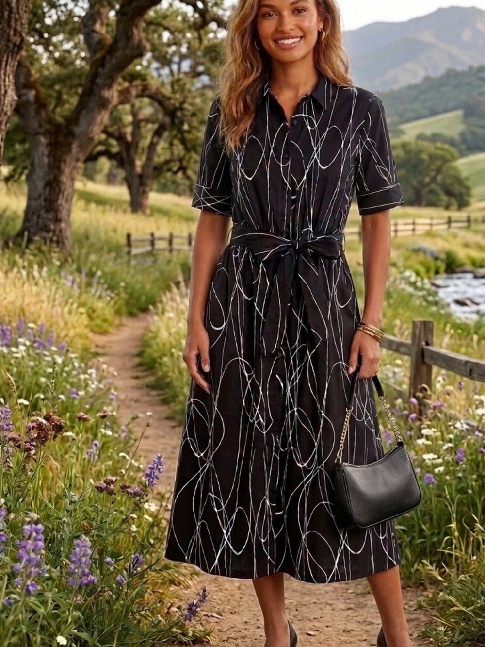 DKNY Black Midi Shirtdress with White Swirl Print
